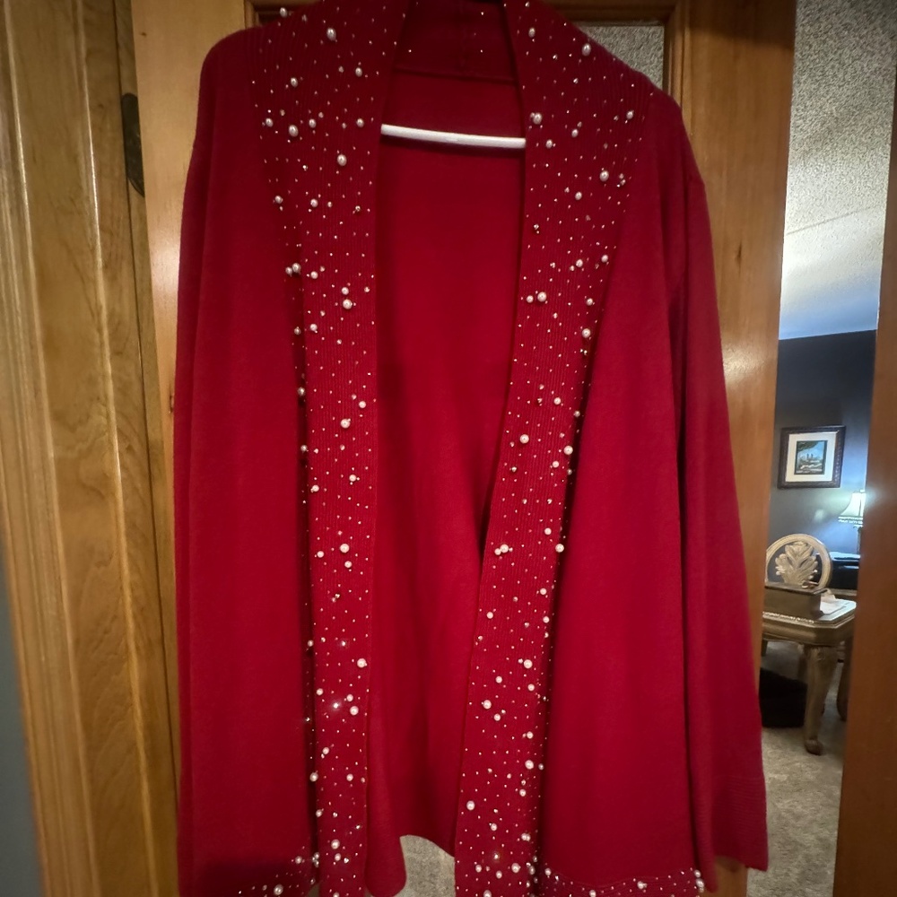 Nu Look Red Cardigan Sweater w/pearls & Crystals around trim sz xl - Picture 4 of 5
